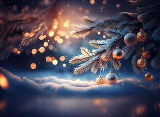 Poster - A snow-covered evergreen branch adorned with gold and silver ornaments rests on a snowy landscape under a magical, bokeh-filled night sky.  Warm light illuminates the scene.