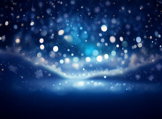 Poster - A mesmerizing winter scene.  Sparkling lights and snowflakes create a magical, dreamy atmosphere over a snow-covered landscape.  The cool blue tones evoke a sense of peace and wonder.
