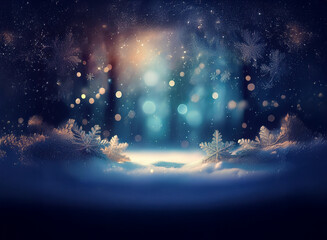 Poster - Magical winter scene:  A mystical forest bathed in soft blue light, snow-covered ground adorned with delicate snowflakes, creating a serene and enchanting atmosphere.