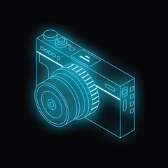 Poster - Turquoise neon camera glowing in the dark with isometric perspective