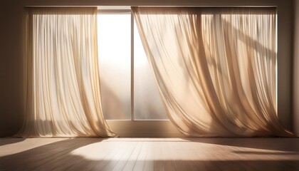 Aufkleber -  Light filters through sheer curtains, casting subtle shadows on a textured wall in an e_1(381)