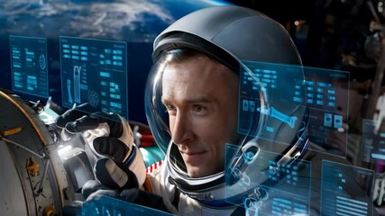 Poster - An astronaut interacts with digital displays in space, showcasing advanced technology and exploration.
