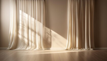 Aufkleber -  Light filters through sheer curtains, casting subtle shadows on a textured wall in an empty_1(380)