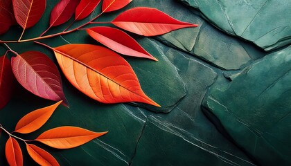 Poster -  Red and orange leaves adorn a green slate stone texture background in an abstract natur_1(413)