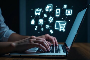 Poster - A person types on a laptop with icons emerging from the screen