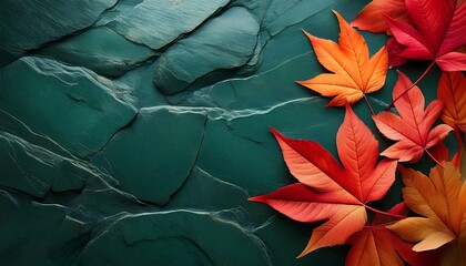 Poster -  Red and orange leaves adorn a green slate stone texture background in an abstract nature de_1(411)