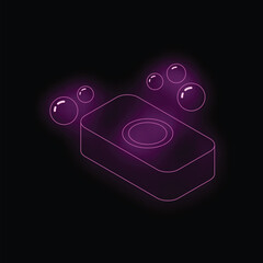 Poster - Neon purple soap bar icon with bubbles glowing on a black background