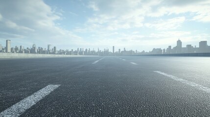 Poster - A city skyline is visible in the background of a large empty road