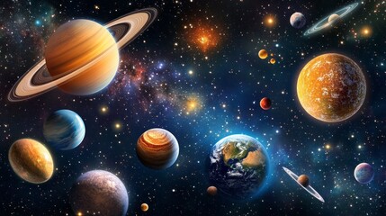Poster - A colorful painting of the solar system with the sun in the center