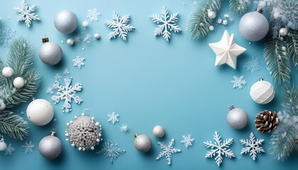 Poster -  Snowflakes fall gently on a light blue background featuring Christmas decorations, empty sp_1(454)