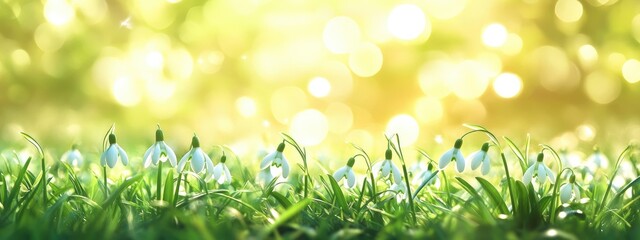 Wall Mural - In the foreground, delicate snowdrops with their pure white petals gracefully dance on lush green grass under soft sunlight.