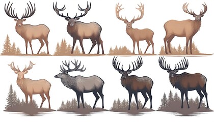 Poster -  Vector set featuring elk and deer silhouettes in a muted color palette, isolated on a white_1(508)
