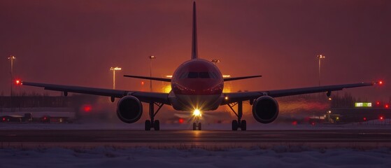 Airplane on Runway at Sunset with Snow