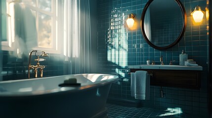 Poster - Relaxing bath time elegant bathroom interior design cozy space bright natural light serenity and comfort