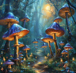 A magical forest glowing under the moonlight, with giant mushrooms, sparkling fairy lights, and mysterious creatures hiding in the mist