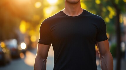 Wall Mural - A young man in a black t-shirt stands outdoors on a sunny day. The warm light enhances his muscular physique.