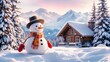 © Scenic Vault  - a snowy mountain slope with a cheerful snowman built near a wooden cabin