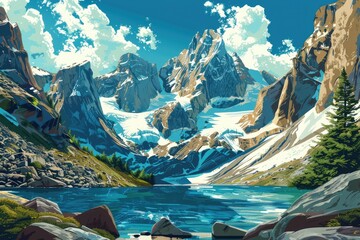 Mountainous Landscape with Glacial Lake and Blue Sky