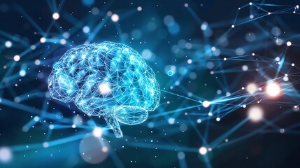 Poster - A digital rendering of a human brain with glowing lines and nodes.
