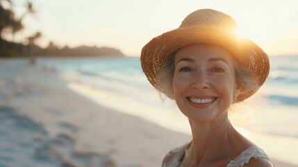 Poster - A woman wearing a straw hat is smiling at the camera on a beach