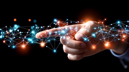 Aufkleber - Digital Network Connection Hand Touching Virtual Nodes in Dark Space Technology Futuristic Environment Close-Up View Connectivity Concept
