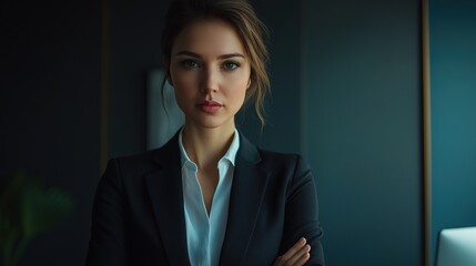 Confident Businesswoman in Professional Attire Posing with Serious Expression in Modern Office Environment for Corporate and Entrepreneurial Themes