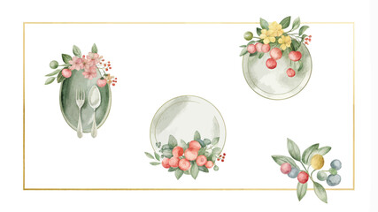 Wall Mural - Watercolor set of vintage tableware with floral design elements. Vector illustration.