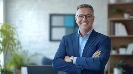 Poster - A man in a blue suit and glasses is smiling and posing for a picture