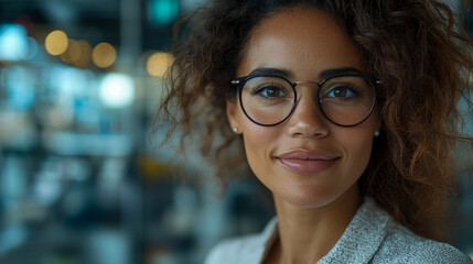 Wall Mural - A young woman with curly hair and glasses smiles warmly while sitting in a contemporary workspace filled with soft lighting and focus