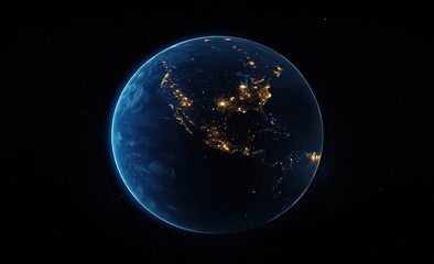 Wall Mural - Stunning View of Earth at Night with Bright City Lights Illuminating Continental Details, Showcasing Urban Areas and Natural Features from Space