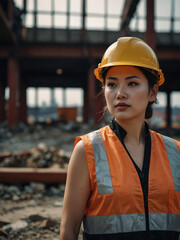 Wall Mural - Confident Asian Female Architect Working on a Construction Site