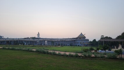 Vizianagram, Andhra Pradesh India - Oct 31 2024: Evening View of Ramanaraynam or Ramnaraynam at the modern construction of Rama's Bow and Arrow,statue of Lord Hanumana, goddess Saraswati and Lakshmi .