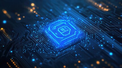 Poster - Close-up view of a glowing blue circuit board, highlighting intricate technological details. The image evokes a sense of innovation and technological advancement.