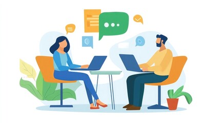 Poster - A young woman and man sit opposite each other at a small table, working on their laptops and collaborating using online chat bubbles.