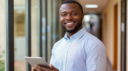 Poster - A man is smiling and holding a tablet in his hand