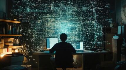 Poster - A person sits at their desk, bathed in the glow of multiple screens displaying complex data streams.  The room is dimly lit, creating a mysterious and intense atmosphere.