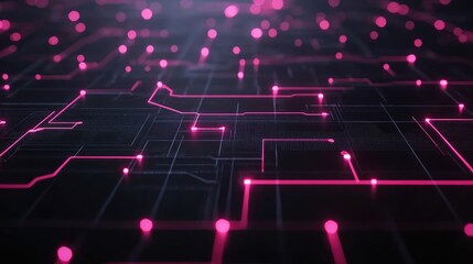 Fototapete - Abstract digital circuit board with glowing pink lines and nodes. Futuristic technology concept.