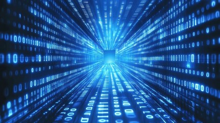 Fototapete - Dive into the digital realm with this mesmerizing image of a binary code tunnel. Glowing blue digits create a sense of depth and speed, symbolizing the rapid flow of data in the digital age.