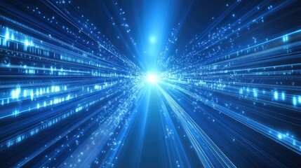 Fototapete - Abstract digital data stream flowing towards a bright light source.  A dynamic visualization of high-speed information transfer.  Bright blue hues dominate the image.