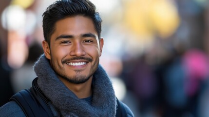 Wall Mural - A joyful Hispanic man smiles warmly in natural light, capturing a moment of everyday life