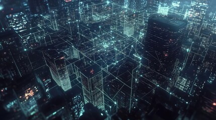 Poster - A mesmerizing digital cityscape at night, showcasing a network of interconnected buildings and glowing lines, creating a futuristic and vibrant scene.