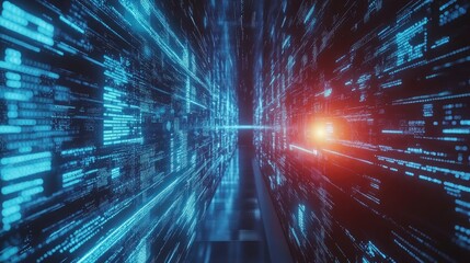 Fototapete - Abstract digital tunnel with glowing blue and red binary code. Futuristic technology concept.