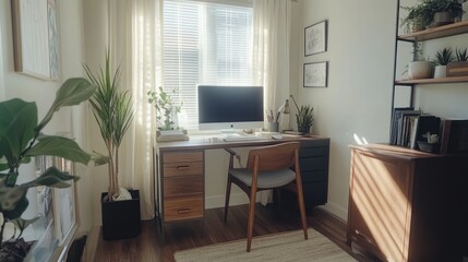 Aufkleber - Minimalist Home Office with Wooden Desk and Natural Light