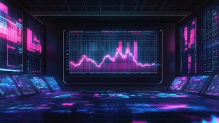 Poster - Futuristic control room with vibrant pink and blue glowing screens displaying dynamic stock market data.  A mesmerizing visual representation of digital finance.