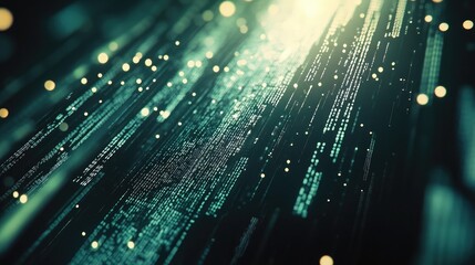 Fototapete - Abstract digital data stream. Teal and green glowing lines of code flow downwards, creating a dynamic and futuristic visual.