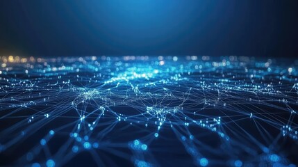 Fototapete - Abstract network connection.  Glowing blue lines and nodes create a complex web, symbolizing global connectivity and data flow.