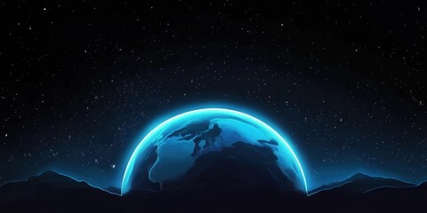Wall Mural - Stunning Digital Artwork of Earth Glowing in a Starry Night Sky Over Mountain Silhouette, Capturing the Beauty of Our Planet in a Cosmic Landscape