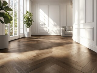 Elegant empty interior with herringbone wood flooring and white paneled walls in a well-lit room showcasing modern design elements