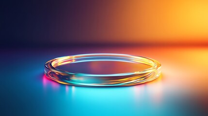 Colorful LED ring on reflective surface in ambient lighting