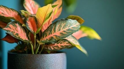 Poster - A potted plant with vibrant green, orange, and yellow leaves